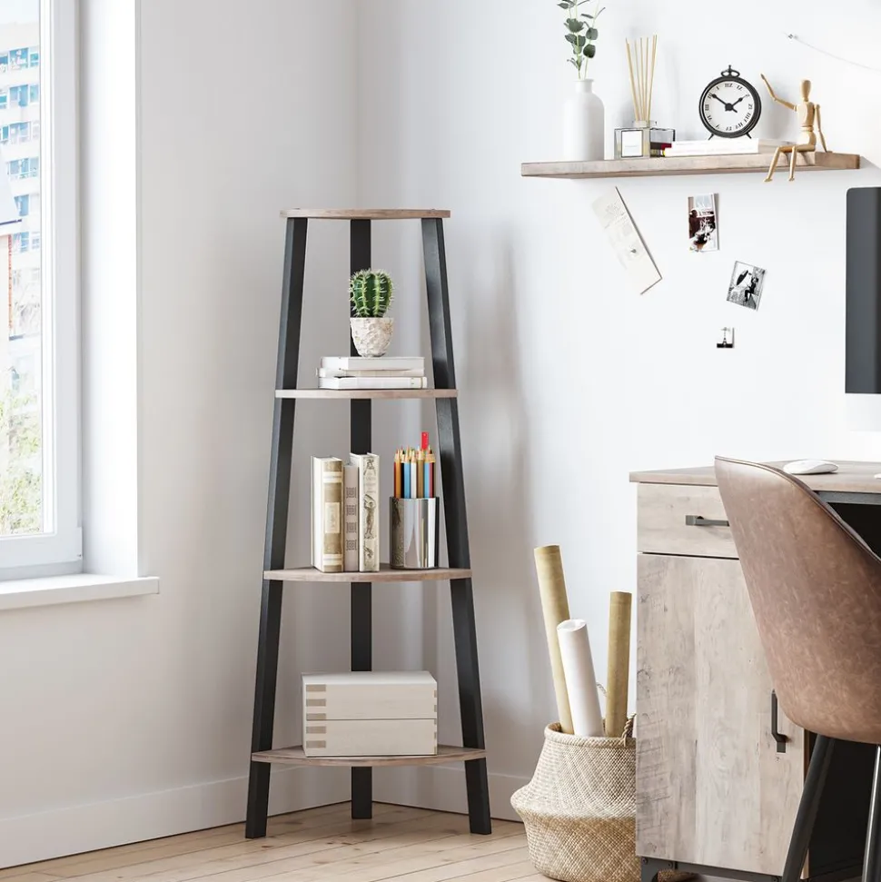 Store SONGMICS Étagère d’angle à 5 niveaux 31,9 x 31,9 x 156,4 cm structure en métal beige chêne