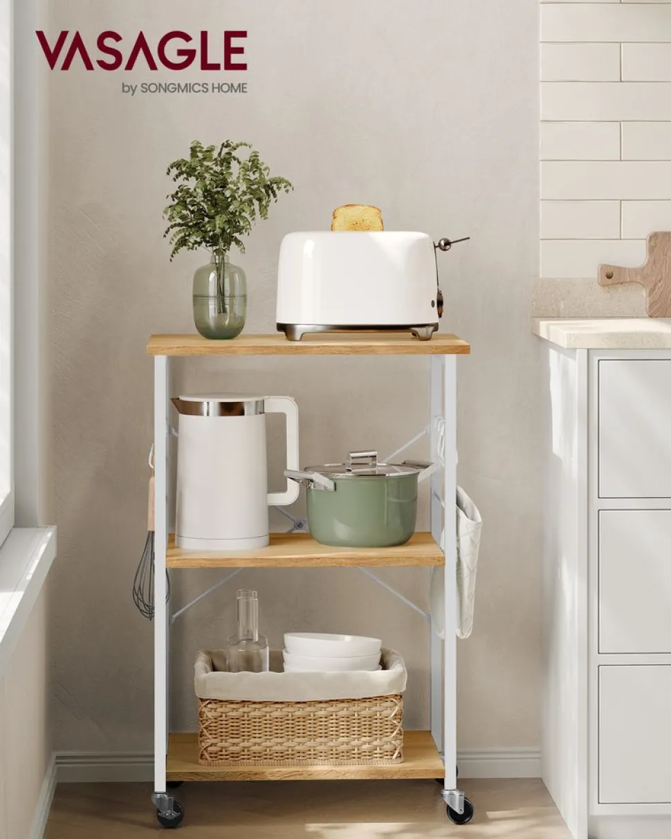 Flash Sale SONGMICS Étagère de cuisine à roulettes à 3 niveaux avec 6 crochets doré chêne et blanc nuage