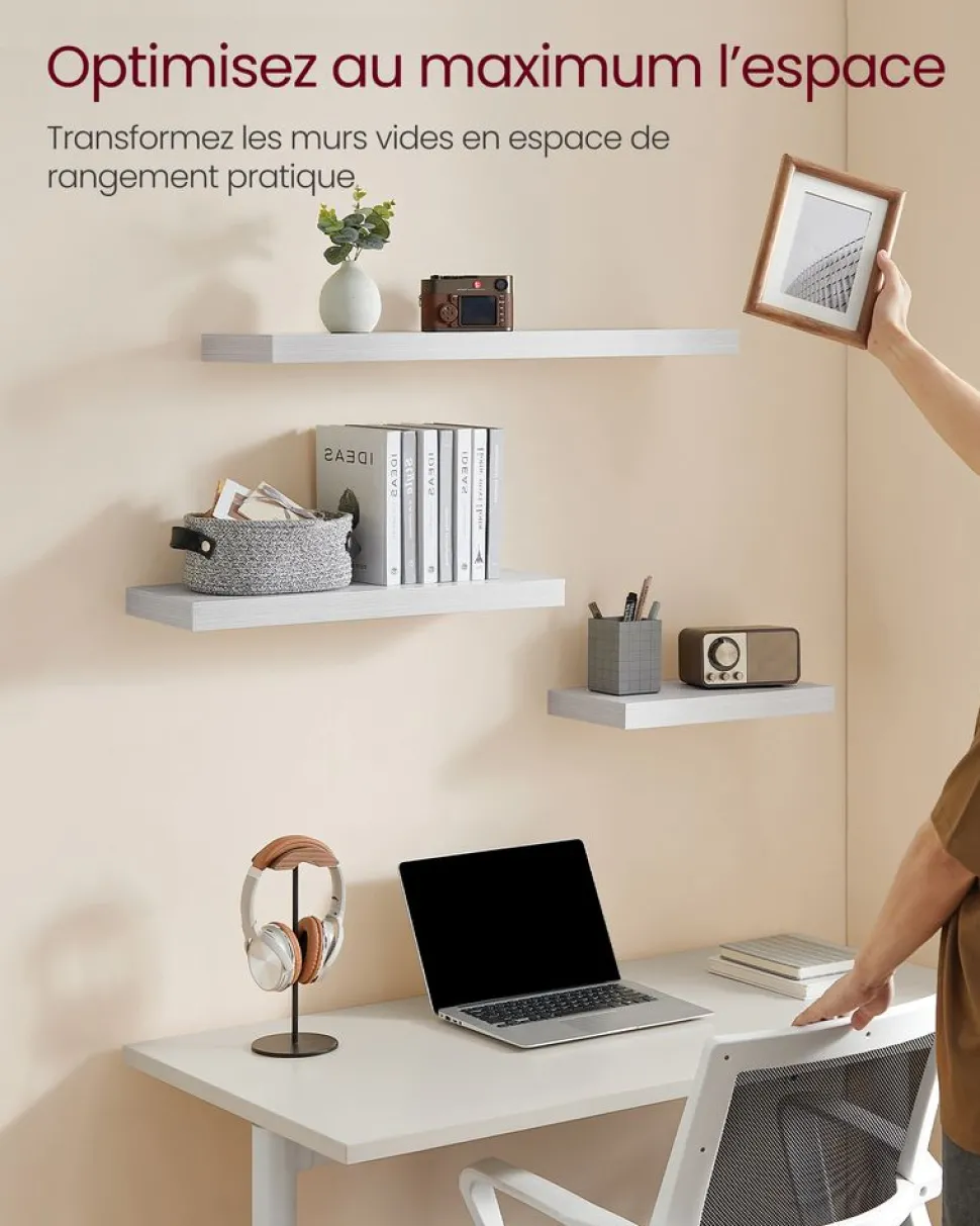 New SONGMICS Étagère murale 20 x 60 x 3,8 cm Blanc éRable