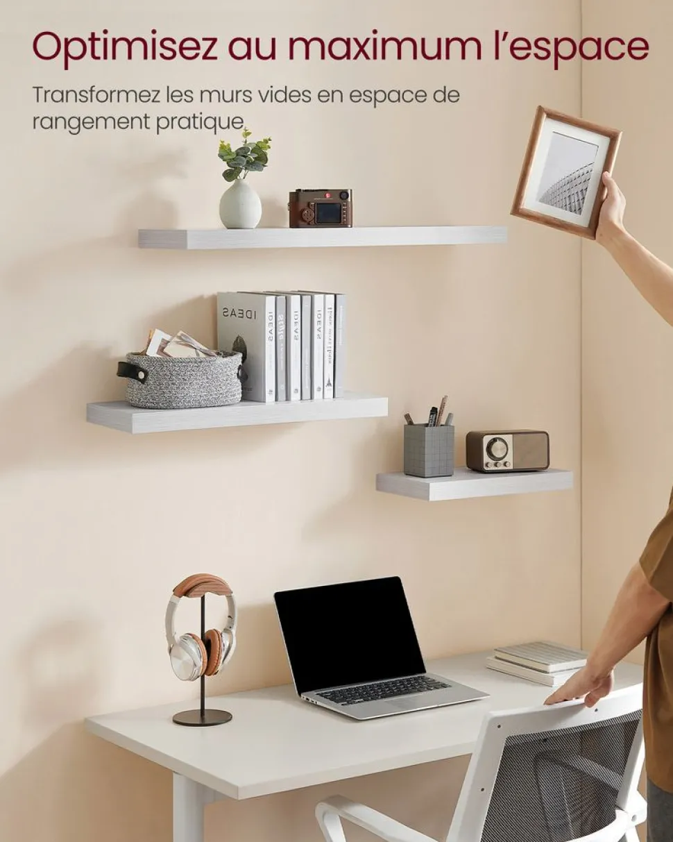 New SONGMICS Étagère murale 20 x 60 x 3,8 cm Blanc éRable