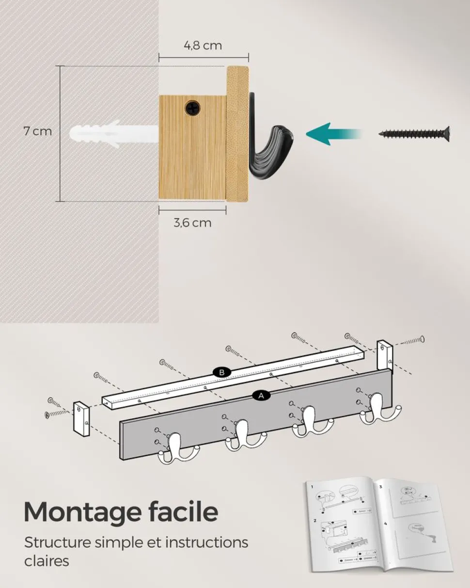 Shop SONGMICS Tringle vêtement murale 68 kg 30,4 x 170 x 7 cm en acier noir